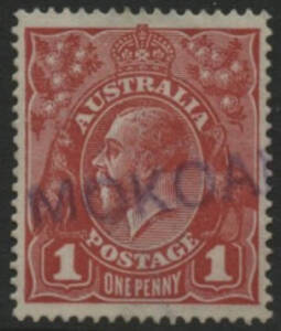 Victoria: Mokoan: ‘MOKOAN’ straight-line cancel in blue on KGV 1d red. Renamed from Boweya PO 1.9.1880; RO 24.5.1919; closed 31.12.1924.