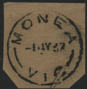 Victoria: Monea: ‘MONEA/-1MY37/VIC’ cds on plain piece. Renamed from Monea Railway Station PO circa 1898; closed 10.4.1960.