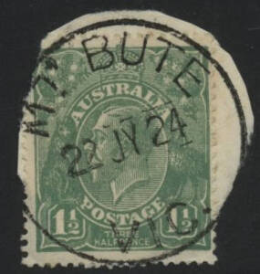 Victoria: Mount Bute: ‘MT. BUTE/22JY24/VIC.’ cds (no side arcs) on KGV 1½d green on cut-to-shape piece. RO 16.7.1923; PO 1.7.1927; closed 31.5.1954. [Only recorded strike, earliest recorded & only postmark known in the RO period; used d/s with 9½mm side a