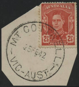 Victoria: Mount Cottrell: ‘MT. COTTRELL/25FE42/VIC-AUST’ cds on KGVI 2½d red on piece. PO 1.1.1866; closed 1.7.1895; RO circa 1902; PO 1.7.1927; closed 7.5.1958.
