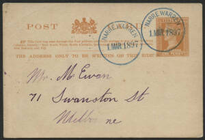 Victoria: Narre Warren: ‘NARRE WARREN/1.MAR.1897’ rubber cds two strikes in blue on QV 1d brown postal card. PO 21.1.1869; renamed Narre Warren North PO 9.10.1900. [Recorded Jan-Sept 1897 only; the first datestamp type recorded from this PO, which used an