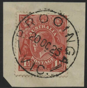 Victoria: Prooinga: ‘PROOINGA/20OC25/VIC.’ cds on KGV 1½d red on piece. RO 15.12.1922; PO 1.7.1927; TO 1.1.1941; closed 28.2.1958. [Only the second known strike and the first in the RO period; earliest known date; WWW record one ‘27JA34’ strike only]