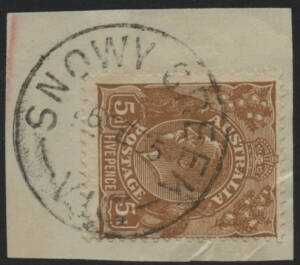 Victoria: Snowy Creek: ‘SNOWY CREEK/26FE35/VIC’ cds on KGV 5d brown on piece. PO 1.1.1859; closed 31.10.1941. [Victorian Alps: 41km ENE of Bright]