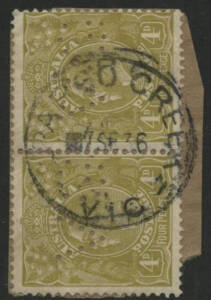 Victoria: Spargo Creek: ‘SPARGO CREEK/7SE36/VIC’ cds on KGV 4d olive pair perf ‘VG’ on piece. RO circa 1902; PO 1.7.1927; closed 31.1.1970.