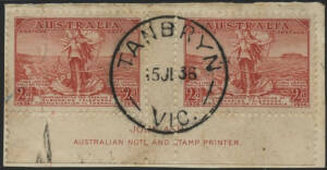 Victoria: Tanybryn: ‘TANBRYN/15JL36/VIC.’ cds (spelling error) on 2d Cable imprint pair on piece. RO 16.2.1915; closed 26.11.1920; PO 1.7.1936; closed 30.11.1970. [The only recorded date; replaced with correctly inscribed datestamp from Oct 1936]