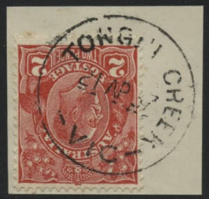 Victoria: Tonghi Creek: ‘[ ] TONGHI CREEK/21AP37/VIC’ cds (‘T.O.’ excised) on KGV 2d red on piece. RO 1.11.1917; PO 1.7.1927; TO 8.7.1945; closed 29.6.1977. [Gippsland: 30km NNE of Bemm River]