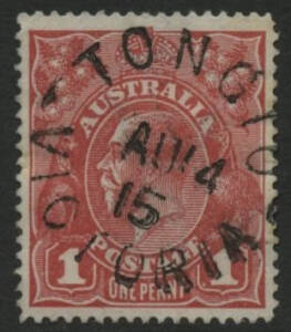 Victoria: Tongio; ‘TONGIO/AU14/15VICTORIA’ cds on KGV 1d red. PO 24.11.1873; closed 15.7.1971.