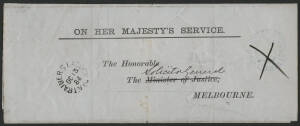 Victoria: Traynors Lagoon: ‘TRAINERS LAGOON/OC13/84/VICTORIA’ cds (spelling error for ‘TRAYNORS’) on OHMS circular with ‘MINISTER OF JUSTICE’ Frank Stamp plus another partial strike transit, fine condition. PO 16.6.1877; closed 31.5.1972. [This datestamp 