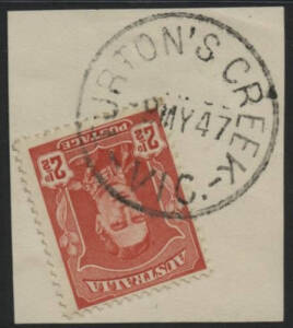 Victoria: Turton’s Creek: ‘TURTON’S CREEK/-9MY47/ VIC.’ cds on KGVI 2½d red on piece. RO 1.4.1904; PO 1.7.1927; TO 18.2.1960; closed 28.2.1966. [12km NNE of Foster, Gippsland]