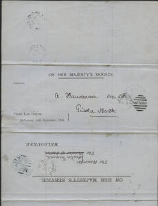 Victoria: Ulupna: ‘ULUPNA/SE26/84/VICTORIA’ cds (25mm diameter, dot arcs) on OHMS circular with ‘SOLICITOR GENERAL’ Frank Stamps and ‘ECHUCA/SE19/84/VICTORIA’ transit b/s, returned with ‘PICOLA NORTH/SE26/VIC’ cds (opened 1881, closed 1919) and barred num