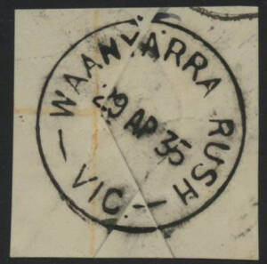 Victoria: Waanyarra Rush: ‘WAANYARRA RUSH/29AP35/VIC.’ cds on plain piece. RO circa 1903; PO 1.7.1927; closed 30.11.1969. [Gold Mining; 9km NE of Dunolly]