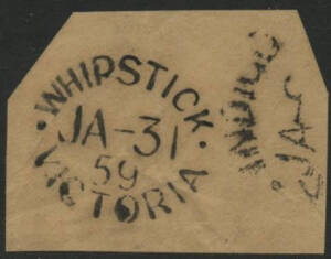 Victoria: Whipstick: ‘WHIPSTICK/JA-31/59/VICTORIA’ oval d/s (recorded 8.9.1860 to 9.9.1862 only; new earliest recorded date) on piece with small-part ‘INDIGO’ oval d/s (recorded 14.2.1859 to 9.8.1861 only; also new ERD) alongside. Whipstick PO 1.4.1858; r