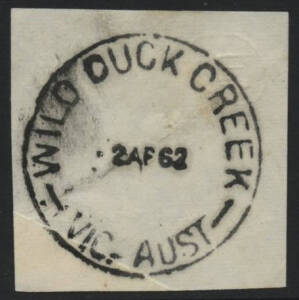 Victoria: Wild Duck Creek: 'WILD DUCK CREEK/-2AP62VIC.-AUST' cds (converted to small dateline; recorded 1959-close only) on piece. PO 15.3.1862; closed 16.4.1962.