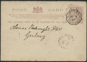Victoria: TPO 1: ‘DOWN TRAIN/MG1/AP9/87/VICTORIA’ octagonal d/s (rated RRR) on QV 1d violet postal card with barred numeral ‘175’ and ‘LITTLE RIVER/AP-9/87/VICTORIA’ oval d/s both in violet, message on back enquiring about "Springer" Sheep Dogs, Geelong a