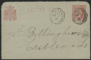 Victoria: TPO 3: 'DOWN TRAIN/MG3/FE1/95/VICTORIA' octagonal d/s (rated RR) on QV 1d red lettercard endorsed inside from “Chewton” with ‘CASTLEMAINE/FE1/95’ arrival b/s, fine condition. [Melbourne-Bendigo Line - literally one stop up the line(!)]