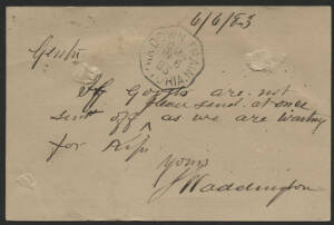 Victoria: TPO 4: 'DOWN TRAIN/GM4/JN6/83/VICTORIA' octagonal b/s (‘GM’ inscription error; rated RRR) on QV 1d violet postal card with ‘DAYLESFORD/6JE/83/VICTORIA-173’ to Sandhurst, three closed spike holes. [Melbourne-Bendigo Line; latest known date of the