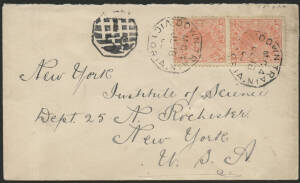 Victoria: TPO 4: 'DOWN TRAIN/MG4/JL16/06/VICTORIA' octagonal d/s (rated R) on QV 1d pink x2 on cover to USA with Melbourne ‘JUN 17 06’ transit where octagonal ‘T/5c’ cachet applied as under-paying 2½d foreign letter rate, ‘ROCHESTER,NY/AUG19/1906’ arrival