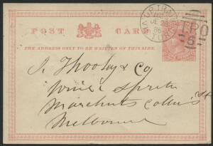 Victoria: TPO 5: 'UP TRAIN/MG5/JU26/86/VICTORIA-TPO/5' duplex cancel (sloping ’5’; rated RR) on QV 1d red postal card endorsed from “Molesworth” to Melbourne, fine condition. [Melbourne-Wodonga North East Line]