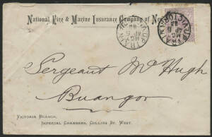 Victoria: TPO 7: 'UP TRAIN/MG7/AP5/89/VICTORIA' cds (rated RR) on QV 2d violet on ‘National Fire & Marine Insurance Company of New South Wales, Victoria Branch’ cover to Buangor, some edge faults & blemishes. [Melbourne-Ballarat Line; later re-allocated &