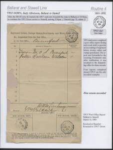 Victoria: TPO 7: 'DOWN TRAIN/MG7/MR15/83/VICTORIA' octagonal d/s (rated RRRR) two strikes on 'Registered Letters, Postage Stamps, Remittances and Money Order Advices despatched ...' form listing "Two MOA Beaufort", brittle with edge faults but well-protec