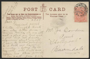 Victoria: TPO 9: 'DOWN TRAIN/MG9/AU10/07/VICTORIA' octagonal d/s (rated RRR) on QV 1d pink on postcard (comic) to Bairnsdale, couple of minor blemishes. [Melbourne-Gippsland Line; only twelve ‘covers’ recorded]