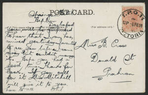 Victoria: TPO 11: 'TPO 11/UP -8FE09/VICTORIA’ cds (rated RRR) on QV 1d pink on ‘Bend in the Road, Hepburn, Daylesford’ postcard endorsed from “Springs Hotel, Hepburn” to Prahran, small closed tear & crease at upper edge. [Melbourne-Ballarat Line]