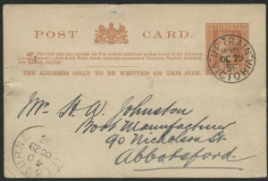 Victoria: TPO 12: ‘UP TRAIN/MG12/OC29/96/VICTORIA’ cds (22mm; type 2; rated RR) on QV 1d brown postal card endorsed from "Red Boot Shop, Rutherglen" with ‘ABBOTSFORD/OC29/96/VICTORIA’ arrival b/s in blue, couple of minor blemishes. [Melbourne-Wodonga Nort