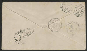 Victoria: TPO 12: 'DOWN TRAIN/MG12/OC31/85/VICTORIA' octagonal b/s (rated RRR) on cover with QV 2d violet tied 'RUTHERGLEN/OC31/85/VICTORIA-318' duplex cancel addressed to "Black Dog Creek", 'CHILTERN' b/s but returned with partial 'UP TRAIN/MG12/NO7...' 