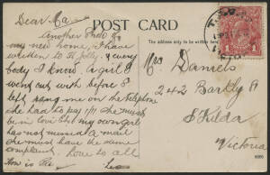 Victoria: TPO 17: ‘TPO 17/UP 21SE17/VICTORIA' cds (rated RR) on KGV 1d red on ‘Hogan St Tatura’ postcard to St Kilda, couple of minor blemishes. [Melbourne-Numurkah Goulburn Valley Line; sixteen ‘covers’ recorded but none after 1912, this being a newly-di
