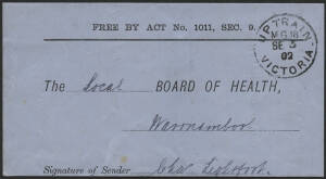 Victoria: TPO 18: 'UP TRAIN/MG18/SE3/02/VICTORIA' cds (rated S) on stampless 'FREE BY ACT No.1011, SEC.9' Notice of Infectious Disease lettersheet advising of a case of “Diphtheria (so it is rumoured)”(!) with partial 'WARRNAMBOOL' arrival b/s, fine condi