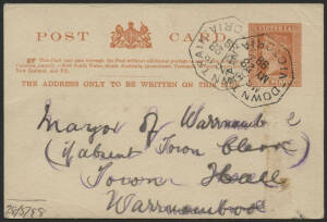 Victoria: TPO 18: 'DOWN TRAIN/MG18/MY28/98/VICTORIA' octagonal d/s (rated RRR) two strikes on QV 1d brown postal card with 'WARRNAMBOOL' arrival b/s, some blemishes. [Melbourne-Port Fairy Line]