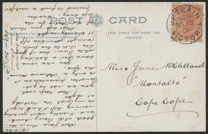 Victoria: TPO 19: 'UP TRAIN/MG19/NO19/06/VICTORIA' cds (rated RR) on QV 1d pink on 'St John's, Warrnambool' [Church] postcard to Cope Cope, fine condition. [Melbourne-Port Fairy Line]