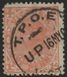 Victoria: English Mail: ‘TPO E/UP16MY0?/VICT[ORIA]’ cds (rated RRRR) on QV 1d pink. [Molnar & Waugh speculate (p.155) that this datestamp "... may have been used as a relief marker for emergency TPO services ..."; less than ten recorded on loose stamps wi