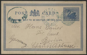 West Aust: 1897 Swan 1d blue postal card sent to Germany with short New Year greeting message and ‘ALBANY/DE18/1897/WESTERN AUSTRALIA-PO’ duplex in blue-green under-paying 1½d foreign rate, ‘MORE TO PAY’ oval h/s same colour ink alongside, Berlin ‘6.1.98’