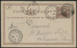 West Aust: 1900 Swan ½d brown Postal Card (Pope PC6) to Perth with ‘FREMANTLE/FE16/00/RAILWAY STATION WA-PO’ duplex, taxed with ‘1d/MORE TO PAY’ oval cachet and ‘LC ROOM/GPO PERTH WA’ arrival cds, central fold clear of markings. [This card was issued to p