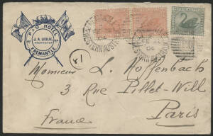 West Aust: 1904 ‘P & O Hotel. JA Leslie Proprietor, Fremantle’ illustrated advertising cover showing Peninsular & Oriental Steampship Company Flags, Ship and Life-Buoy sent to France with Swans 1d pink x2 and ½d green tied ‘FREMANTLE/ FE22/04/WESTERN AUST