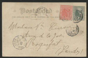West Aust: 1905 ‘Cora Lynn, Launceston, Tas’ postcard (undivided back) sent to France with Swans 1d red and ½d green tied ‘TOWN HALL/FE8/05/FREMANTLE’ cds and French Mail Steamer ‘LIGNE N/18/FEVR/05/PAQ FR No8’ octagonal transit alongside, couple of minor