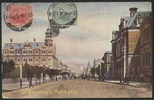 West Aust: 1910 ‘St. George's Terrace’ postcard (published by Marche Stores) sent to Egypt with Swans 1d pink & ½d green on view side tied Perth ‘SHIP ROOM/7-FEB10/WESTERN AUSTRALIA’ d/s paying 1½d foreign postcard rate, ‘PORT-TAUFIQ’ transit and ‘PORT-SA