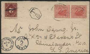 West Aust: 1911 cover with Swan 1d pink pair tied ‘MUMMBALLUP/--APR11/WESTN AUSTRALIA’ cds sent to USA, taxed with Perth ‘T/10’ hexagonal h/s, ‘HUDSON TERMINAL STA/MAY17/NY-DUE/2/CENTS’ opera-glass cancel and US Postage Due 2c red affixed alongside, ‘RHIN