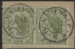 West Aust: Bonnievale: 'BONNIEVALE/DE12/08/W.A' cds two strikes on Swan 1/- green pair on small piece. RMB 1.8.1895; P&TO 23.12.1897; AO 1.9.1909; RO 17.02.1912; closed 13.11.1914 [Gold Mining].