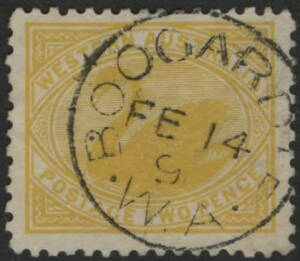 West Aust: Boogardie: 'BOOGARDIE/FE14/9/W.A' cds on Swans 2d yellow. Opened as a Stopping Place Feb 1900; AO 1.7.1903; P&TO 1912; closed 1931 [Gold Mining].