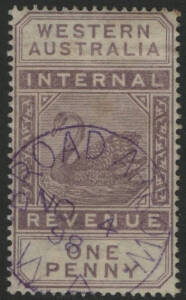 West Aust: Broad Arrow: 'BROAD ARROW/NO4/98/W.A' cds in violet on Swan 1d violet postal fiscal. Renamed from Kurawa late 1898; closed 30.4.1971.