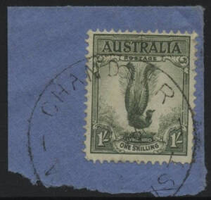 West Aust: Chandler: 'CHANDLER/??49/WE[ST A]UST' cds on 1/- Lyre Bird on piece. AO 2.2.1943; closed 20.9.1952. [Gypsum Mining 45km NNE Meredin]