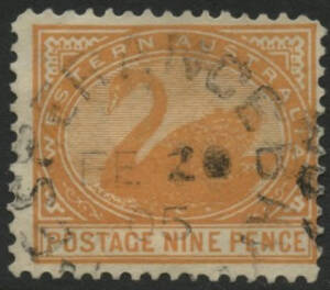 West Aust: Esperance: 'ESPERANCE BAY/FE20/05/[W.A]' cds on Swan 9d orange. TO 8.9.1876; P&TO ?.?.1895. [The only d/s so inscribed; recorded 1896-1910 only]