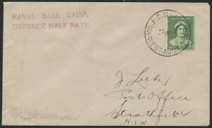 West Aust: Fremantle Naval Base: 'MIL PO NAVAL BASE/-5JE40/WEST-AUST' cds on QE 1d green on cover to NSW with 'NAVAL BASE CAMP/DEFENCE HALF RATE' cachet alongside on face, fine condition. PO 1939, closed 1942.