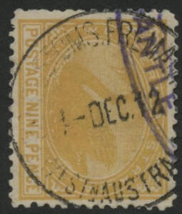 West Aust: Fremantle Customs House: 'P.O.CUSTOMS FREMANT[LE]/4-DEC12/WESTN AUSTRAL[IA]' cds on Swan 2d yellow, light but obvious strike partly over-struck with triple-ring oval cancel '...ANTLE...' in violet. Postal Clerk at Customs House ?.11.1902; O 1.1