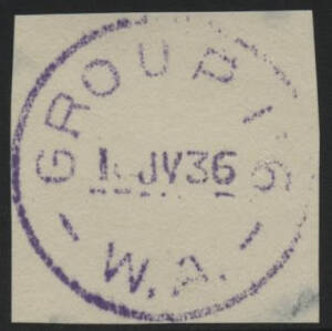 West Aust: Group Settlement 116: ‘GROUP 116/16JY36/W.A.’ cds in violet on plain piece. RO 12.8.1924; PO 1.7.1927; renamed Tingledale PO circa 8.1942. [PMI does not record any coloured strikes]