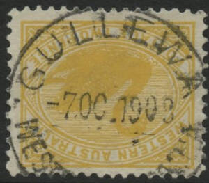 West Aust: Gullewa: 'GULLEWA/-7OC1909/WEST[ERN A(UST]RALIA' cds (type A26, recorded 1907-12 only) on Swan 2d yellow. RMB by 15.8.1892; RO 1.6.1896; P&TO 2.9.1897; closed 1921. [Mining]