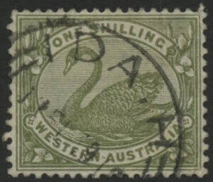 West Aust: Ida Hill Gold Mine: 'IDA . H/10FE1910/[WESTERN AUSTRALIA]' cds on Swan 1/- green. RMB 5.12.1906; RO 1.1.1907; AO 11.06.1907; closed 1921. [Gold Mining]