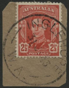 West Aust: Inglehope: ‘INGLEHOPE/31JY43/W.A.’ cds on KGVI 2½d red on piece. AO 19.05.1929; closed 31.08.1930; AO 1.10.1937; closed 22.4.1944. [Timber Mill; latest recorded date]